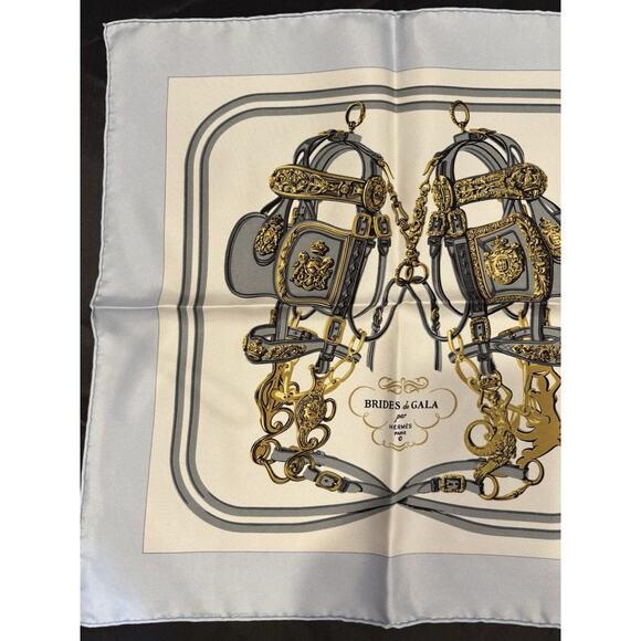 Hermès Pocket Square Silk Scarf Brides de Gala By Hugo Grygkar Lt Blue Gray New - Picture 5 of 9